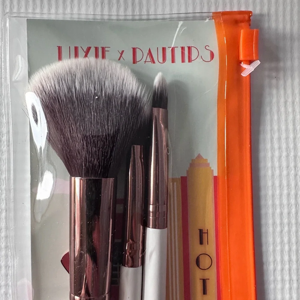 Luxie x PauTips Por La Noche 3pc Makeup Brush Set with Travel Pouch Orange White